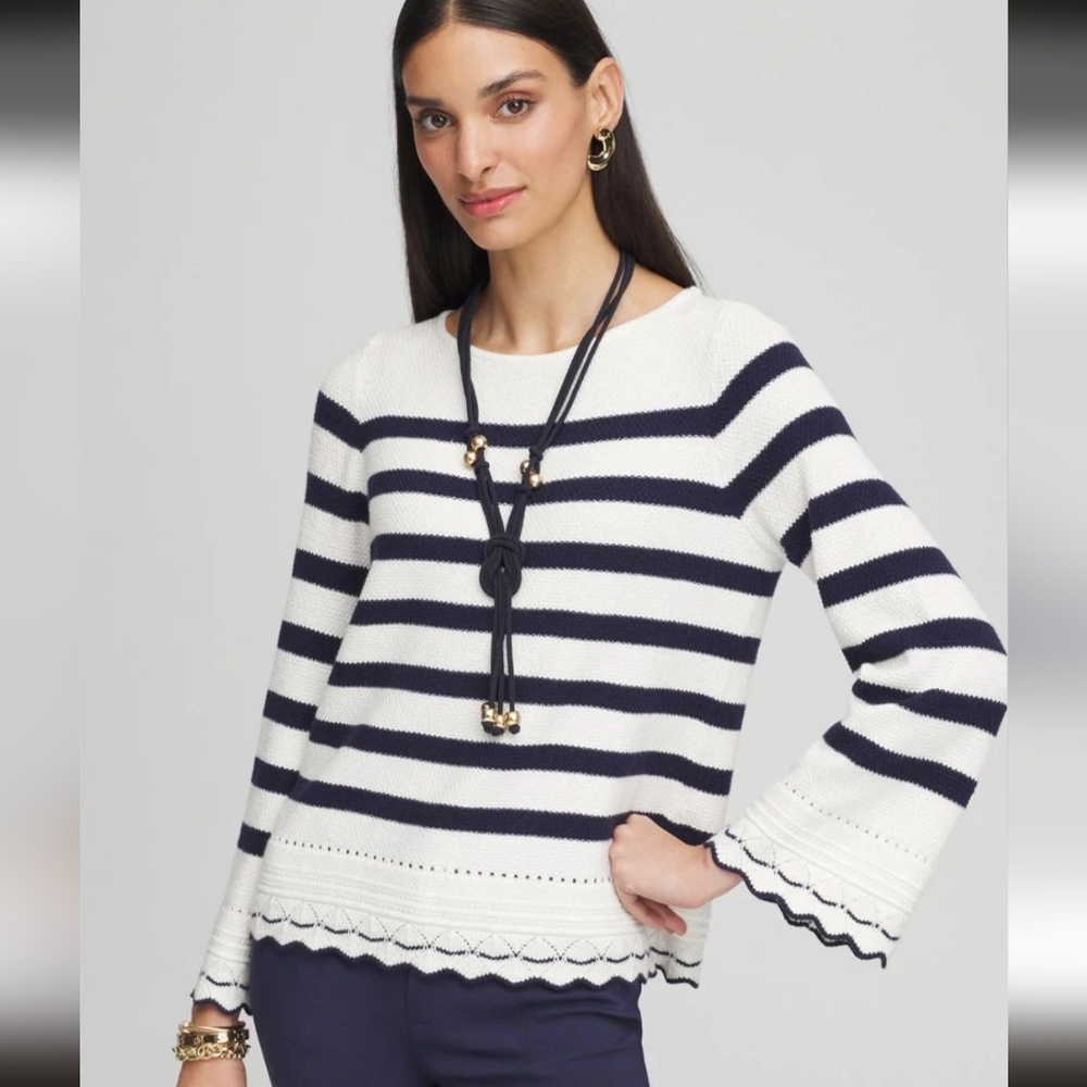 Chico's Pointelle  Ecru With Navy Pullover Sweater Ecru w Navy Stripes Size Med